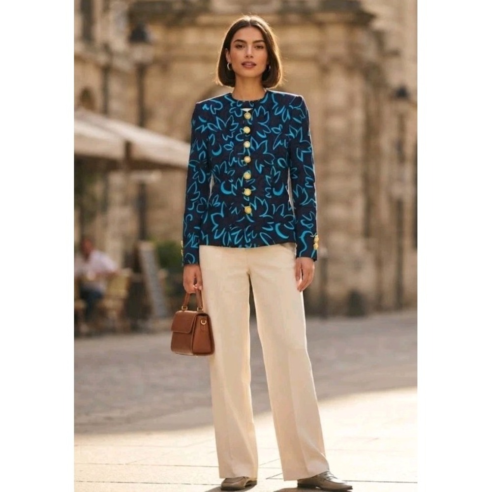 Vintage Jaeger UK 10 US 8 Blue Floral Cotton Jacket Gold Buttons Made in Britain
